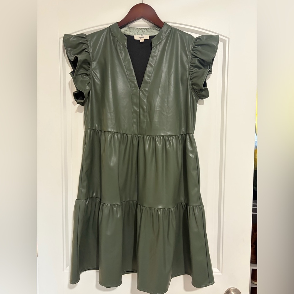 entro Olive Green Faux Leather Tiered Midi Dress with Ruffle Sleeves
